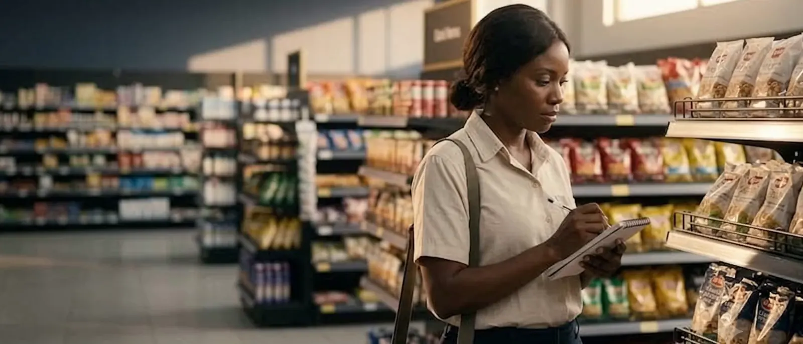 Relevé de prix en rayon dans un supermarché d’Abidjan, carnet et appareil photo à la main.