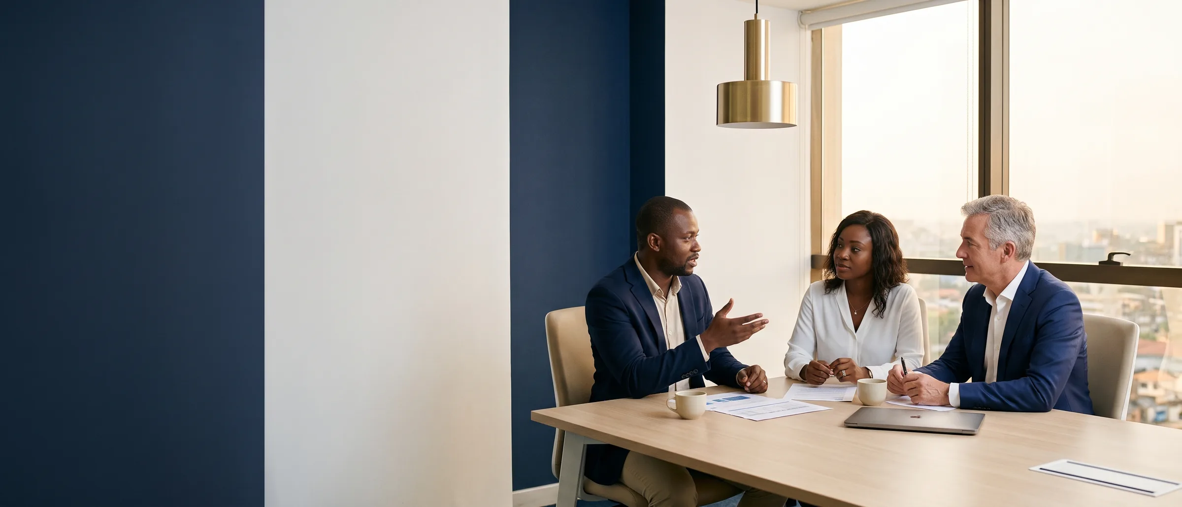 Working meeting between a foreign executive and an Ivorian distributor in an Abidjan office.