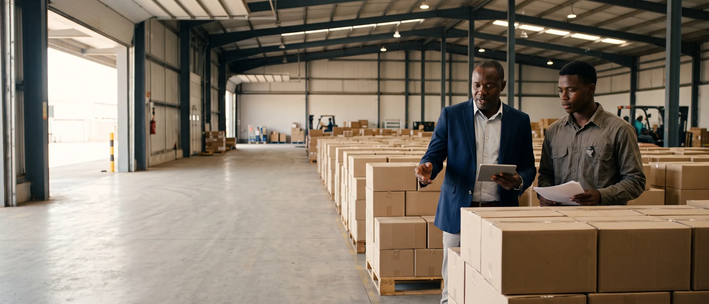 Responsable commercial ivoirien en visite chez un distributeur, tablette de reporting à la main.